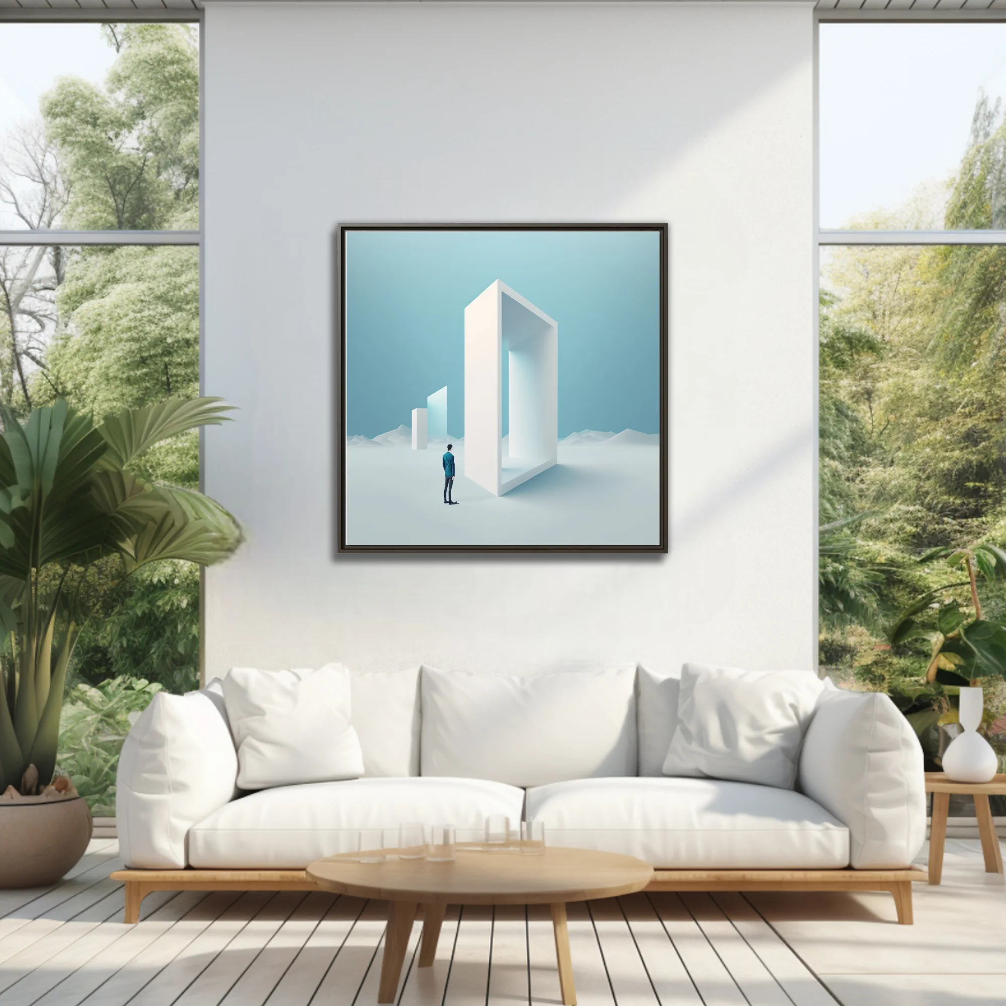 Minimalist dreamlike art — figure before giant white geometric portal, icy blue palette
