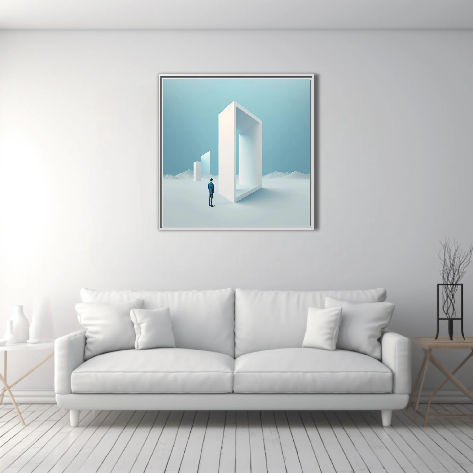 Minimalist dreamlike art — figure before giant white geometric portal, icy blue palette