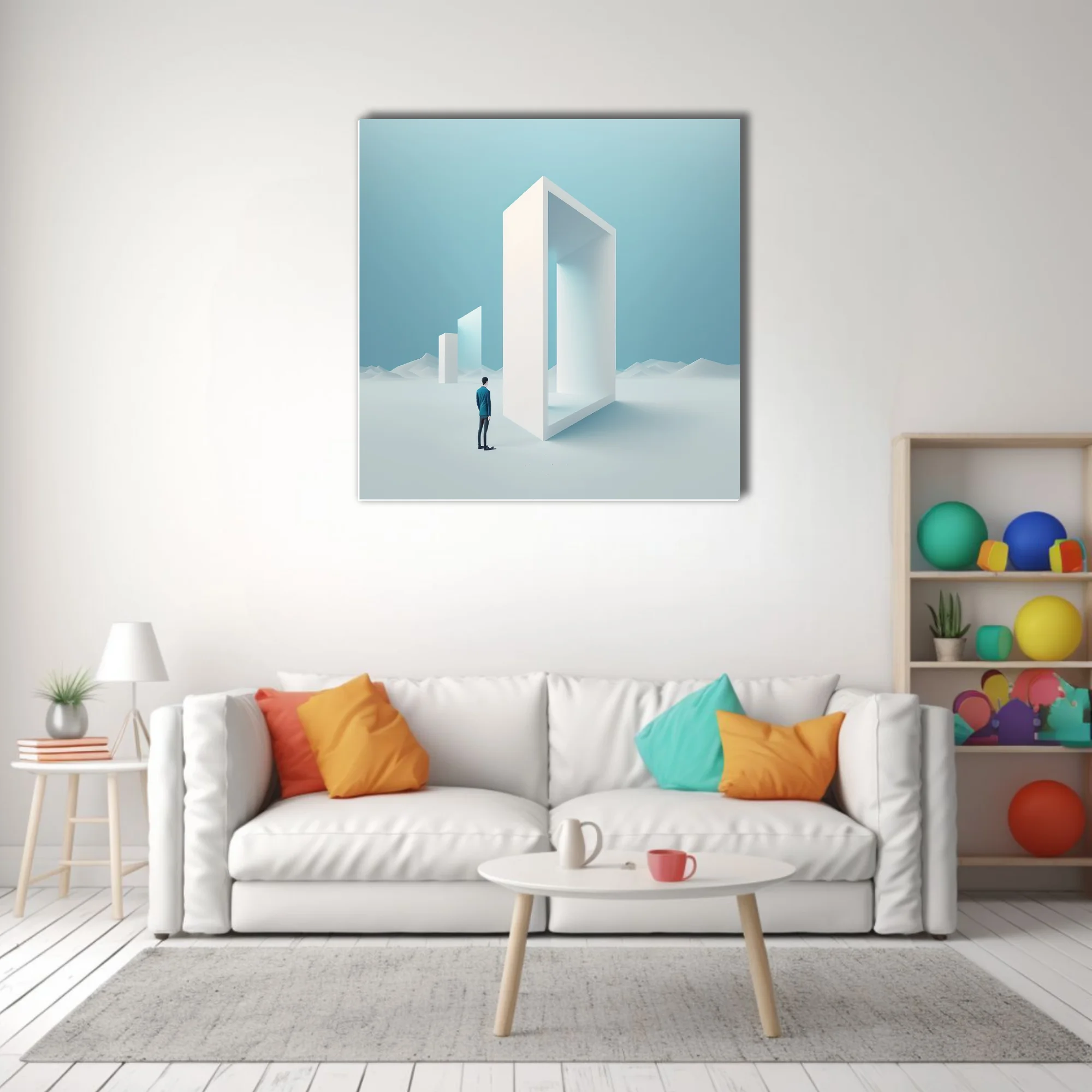 Minimalist dreamlike art — figure before giant white geometric portal, icy blue palette