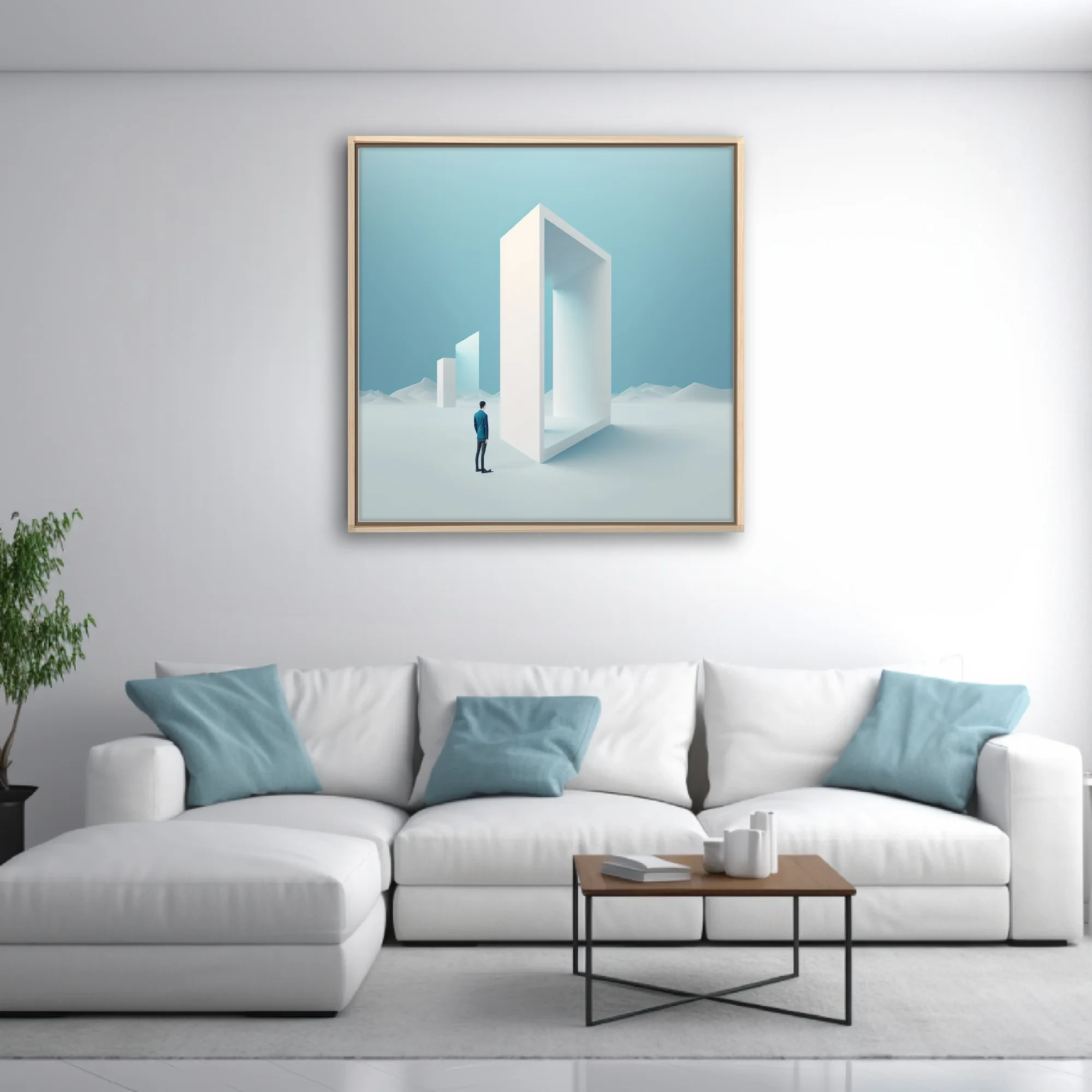 Minimalist dreamlike art — figure before giant white geometric portal, icy blue palette