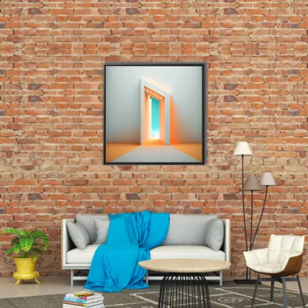 Minimalist open doorway render with warm amber light and cool turquoise beyond