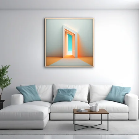 Minimalist open doorway render with warm amber light and cool turquoise beyond