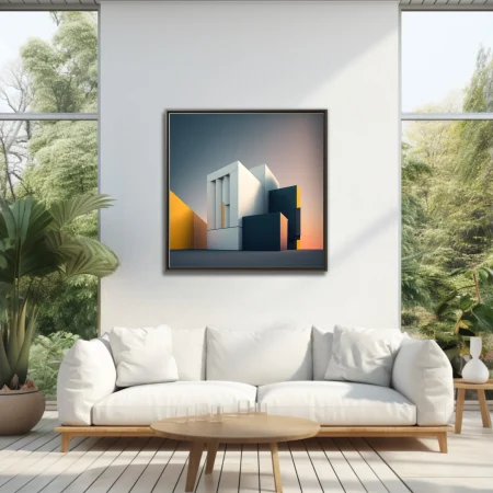 Minimalist architectural composition in white, teal, and amber tones
