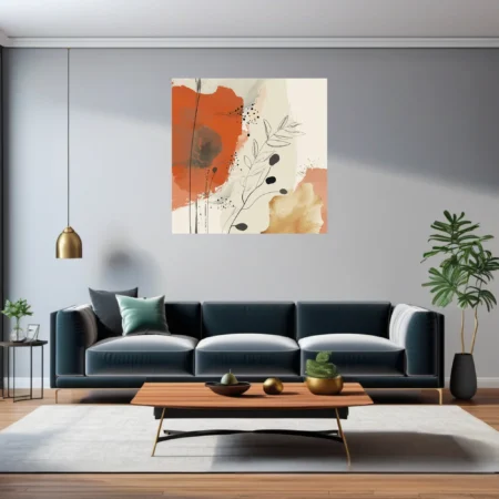 Boho abstract art print with terracotta strokes, botanical line drawing, and ink splatters