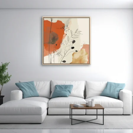 Boho abstract art print with terracotta strokes, botanical line drawing, and ink splatters