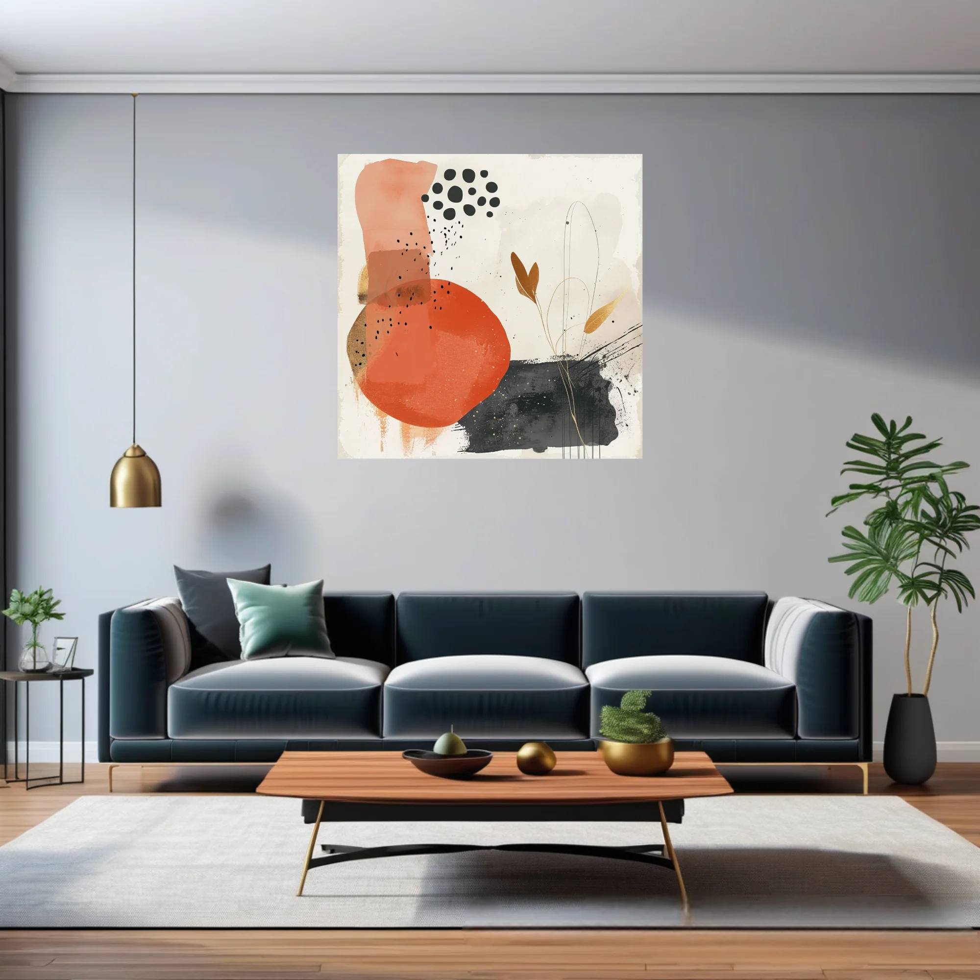 Minimalist boho abstract composition terracotta ink botanical gold wall art