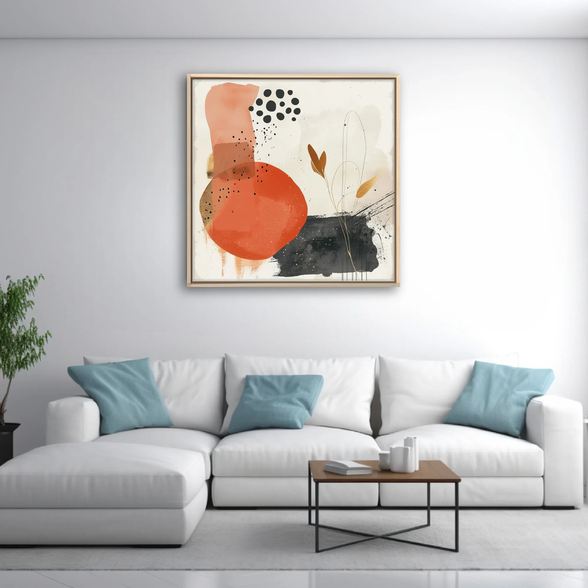 Minimalist boho abstract composition terracotta ink botanical gold wall art