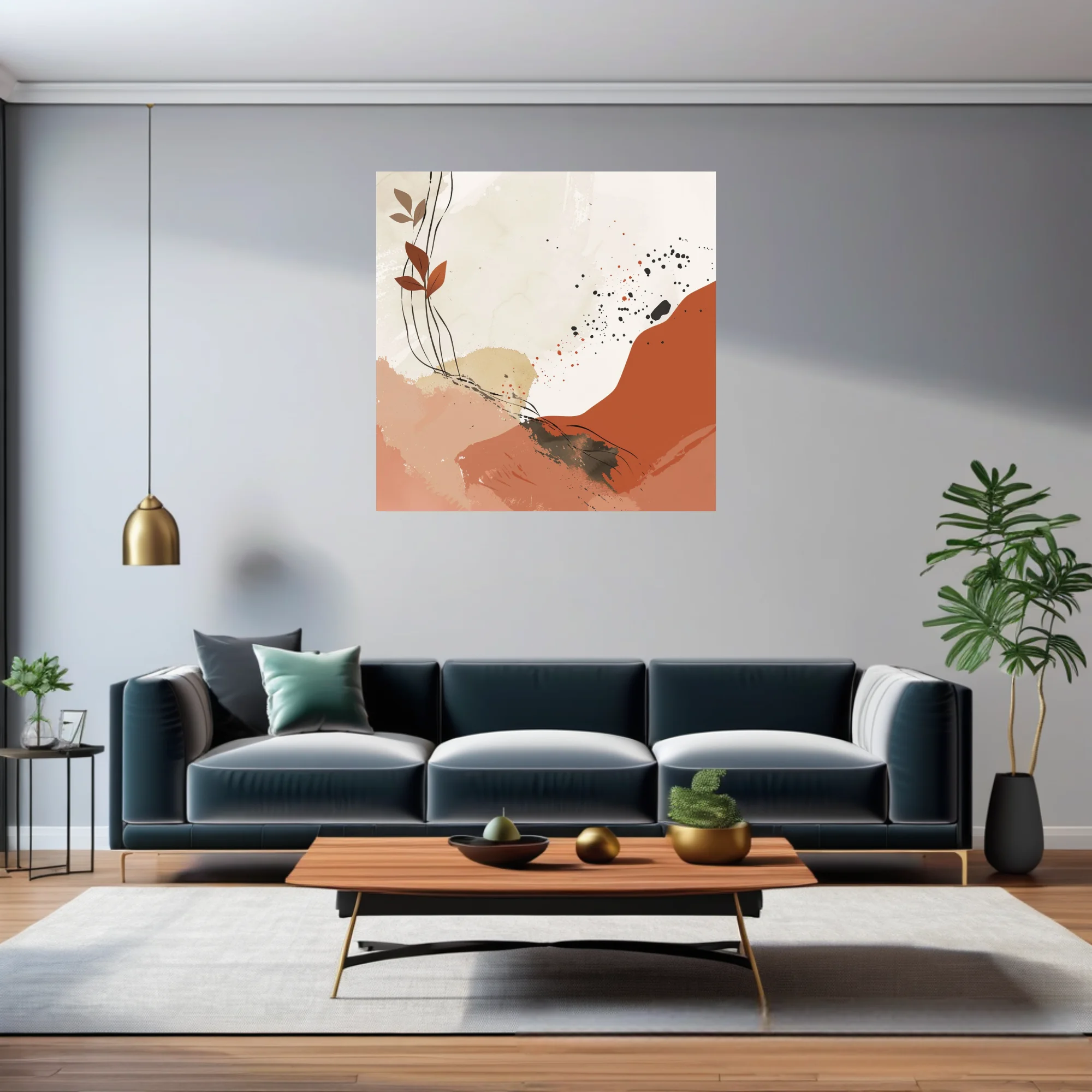 Boho abstract art with terracotta washes, botanical stems, and ink splatter accents