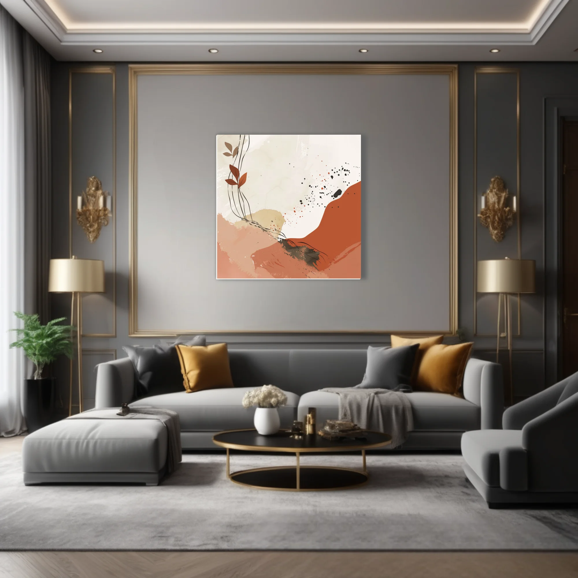 Boho abstract art with terracotta washes, botanical stems, and ink splatter accents