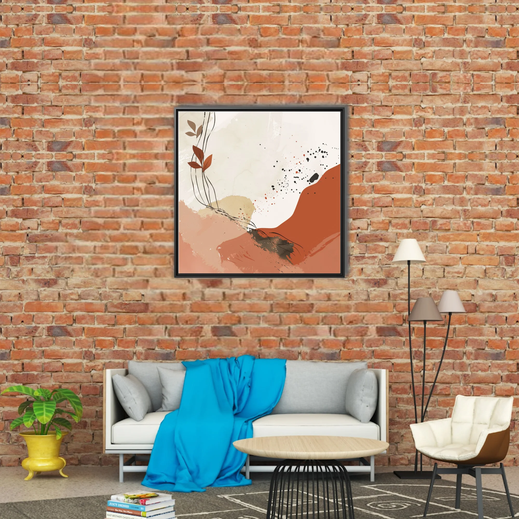 Boho abstract art with terracotta washes, botanical stems, and ink splatter accents