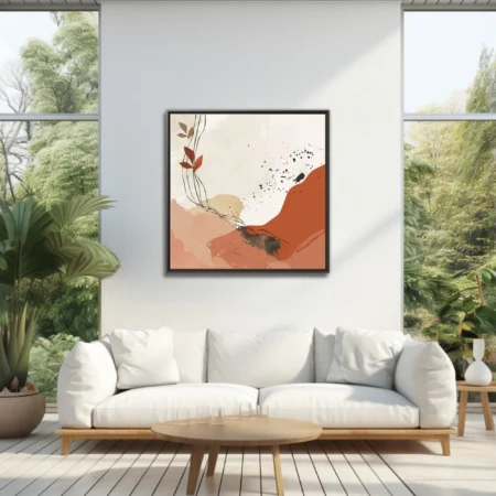 Boho abstract art with terracotta washes, botanical stems, and ink splatter accents