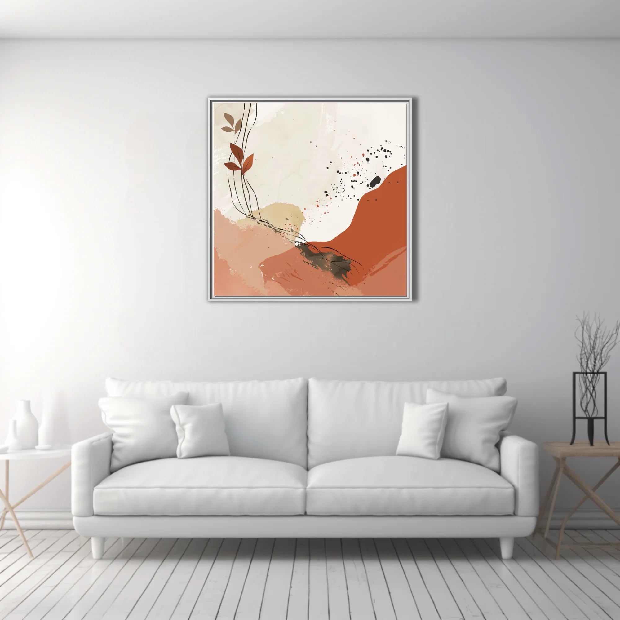 Boho abstract art with terracotta washes, botanical stems, and ink splatter accents