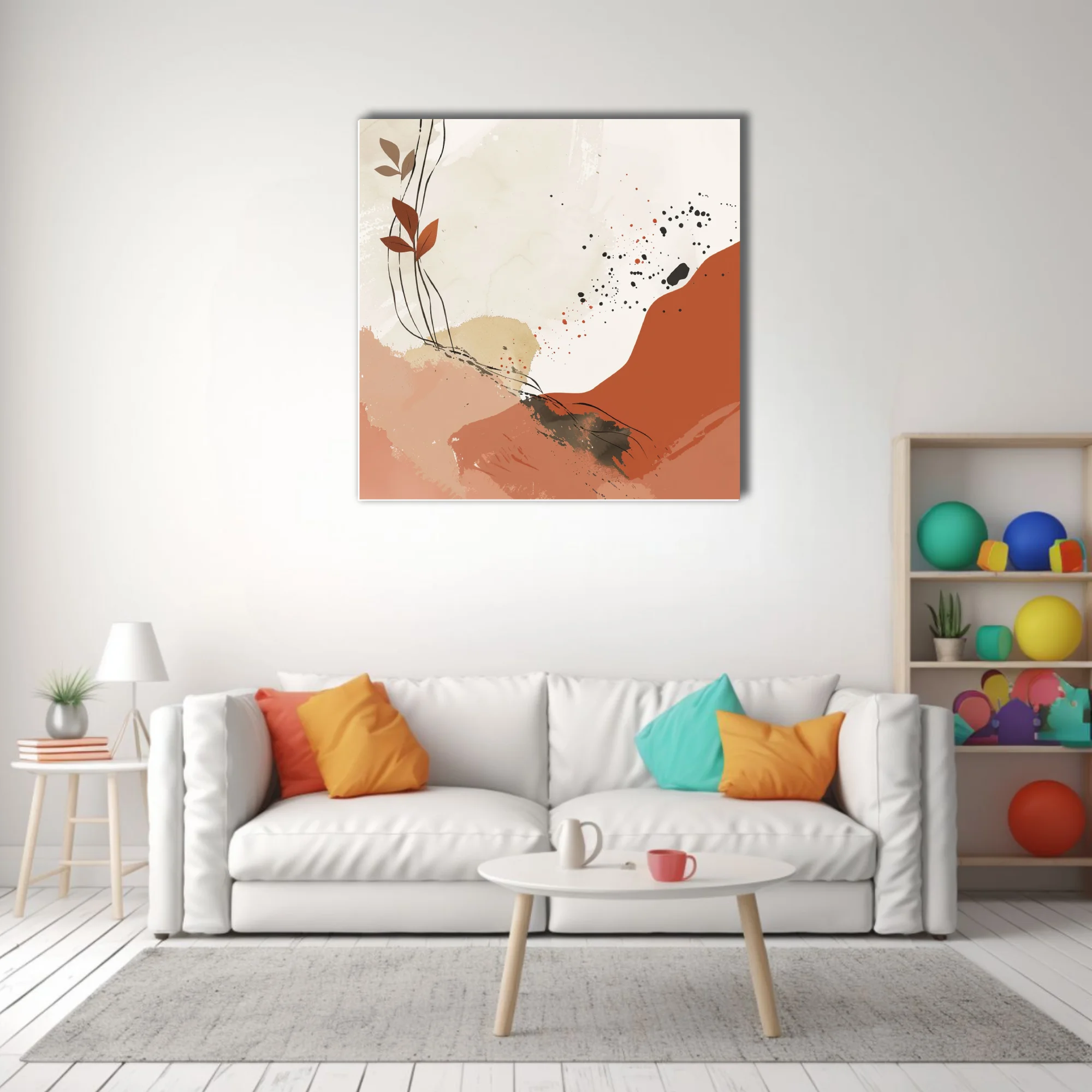Boho abstract art with terracotta washes, botanical stems, and ink splatter accents