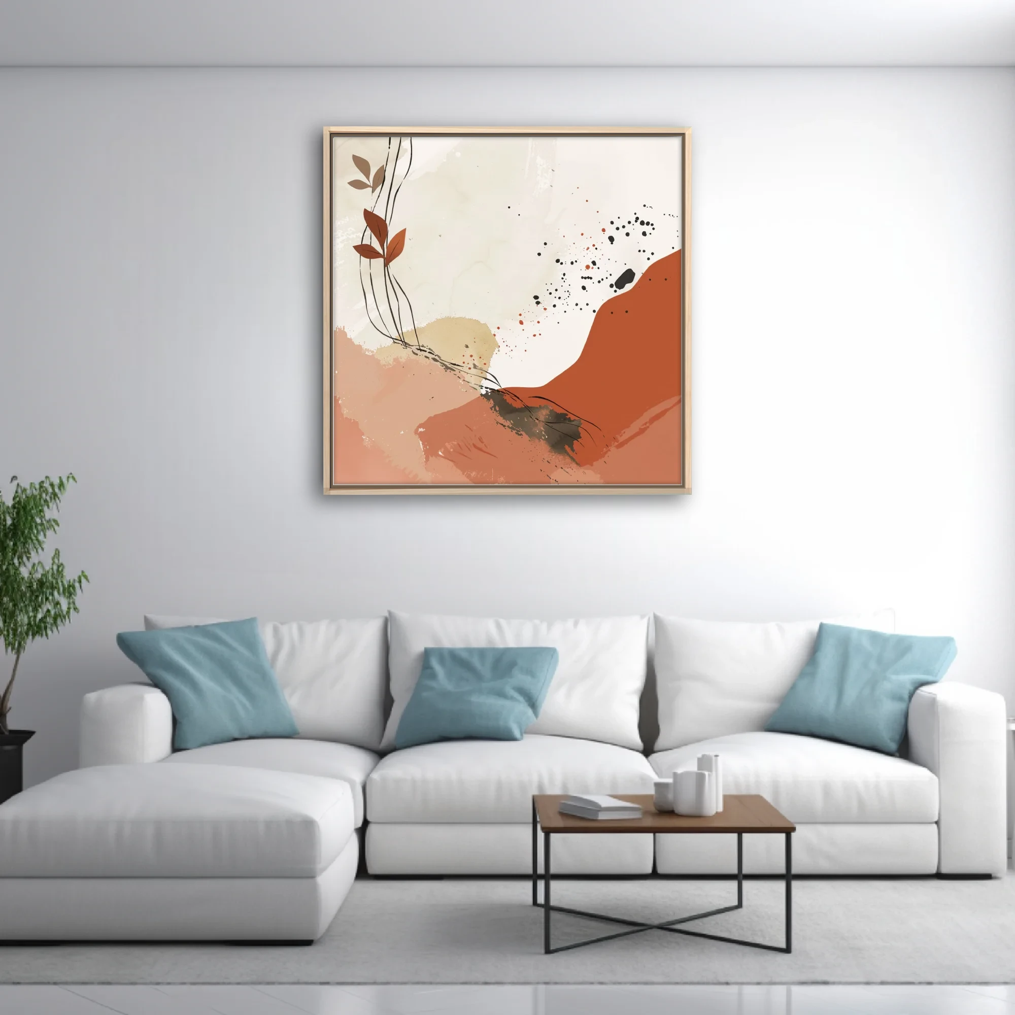 Boho abstract art with terracotta washes, botanical stems, and ink splatter accents