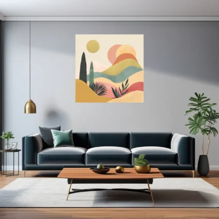 Boho abstract landscape with pastel desert tones, botanical silhouettes, and layered hills