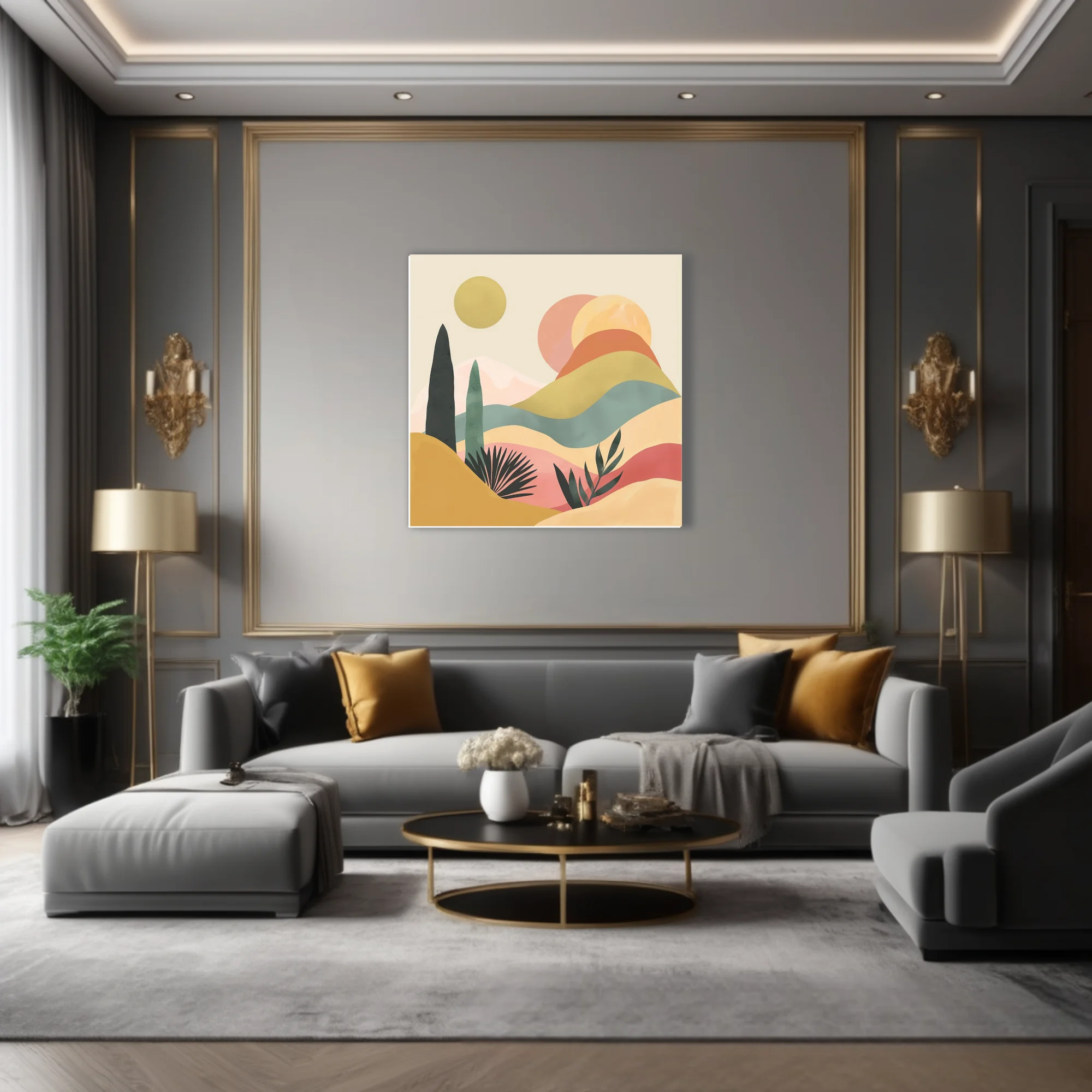 Boho abstract landscape with pastel desert tones, botanical silhouettes, and layered hills