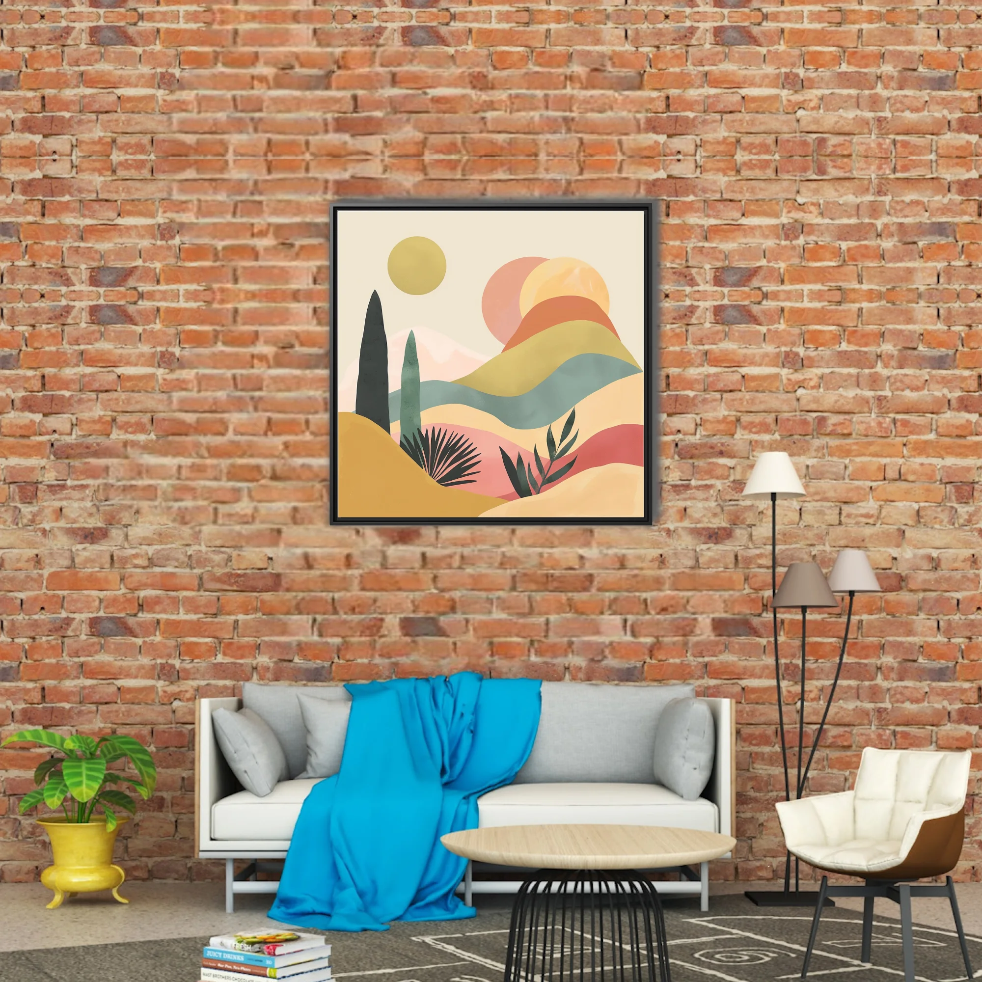 Boho abstract landscape with pastel desert tones, botanical silhouettes, and layered hills