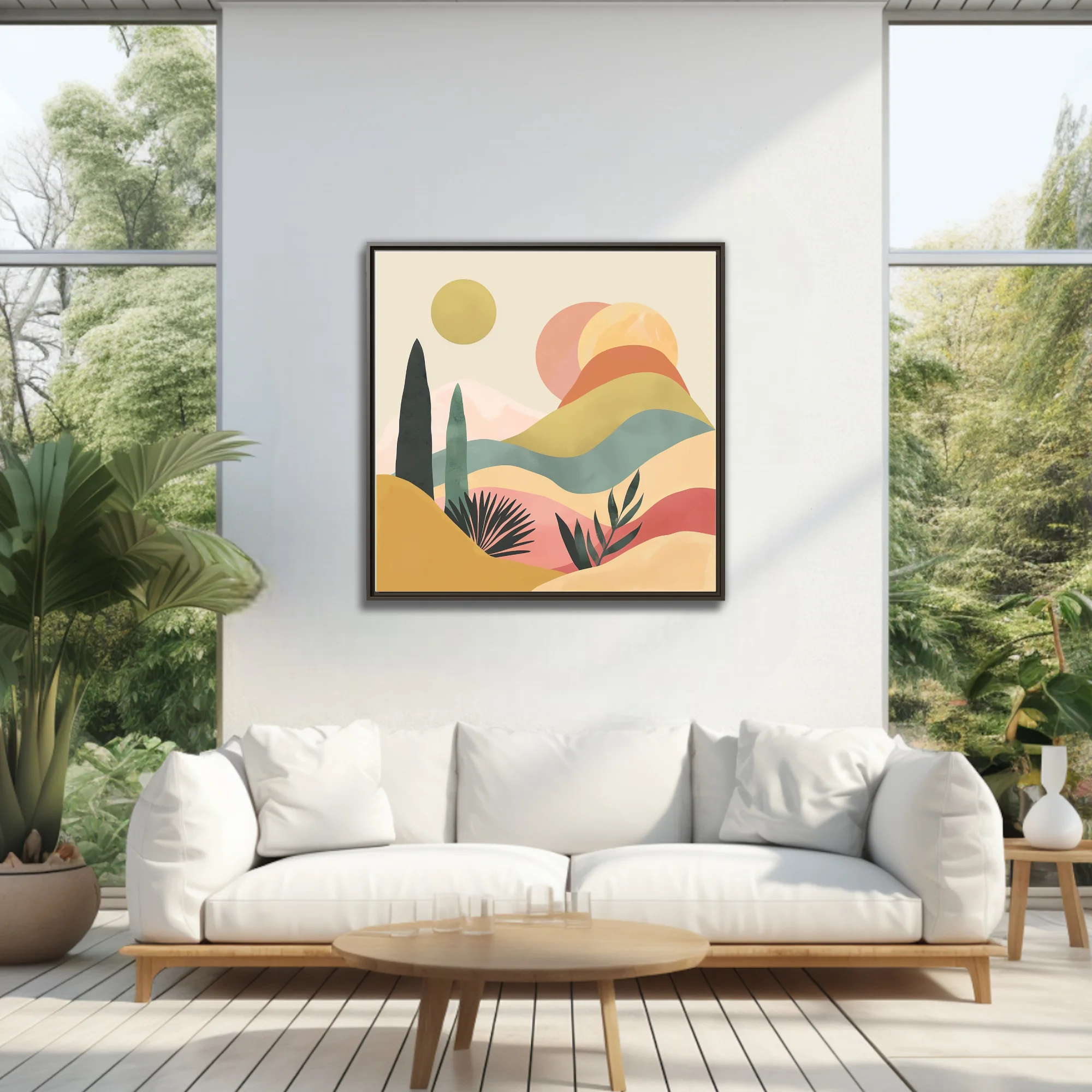 Boho abstract landscape with pastel desert tones, botanical silhouettes, and layered hills