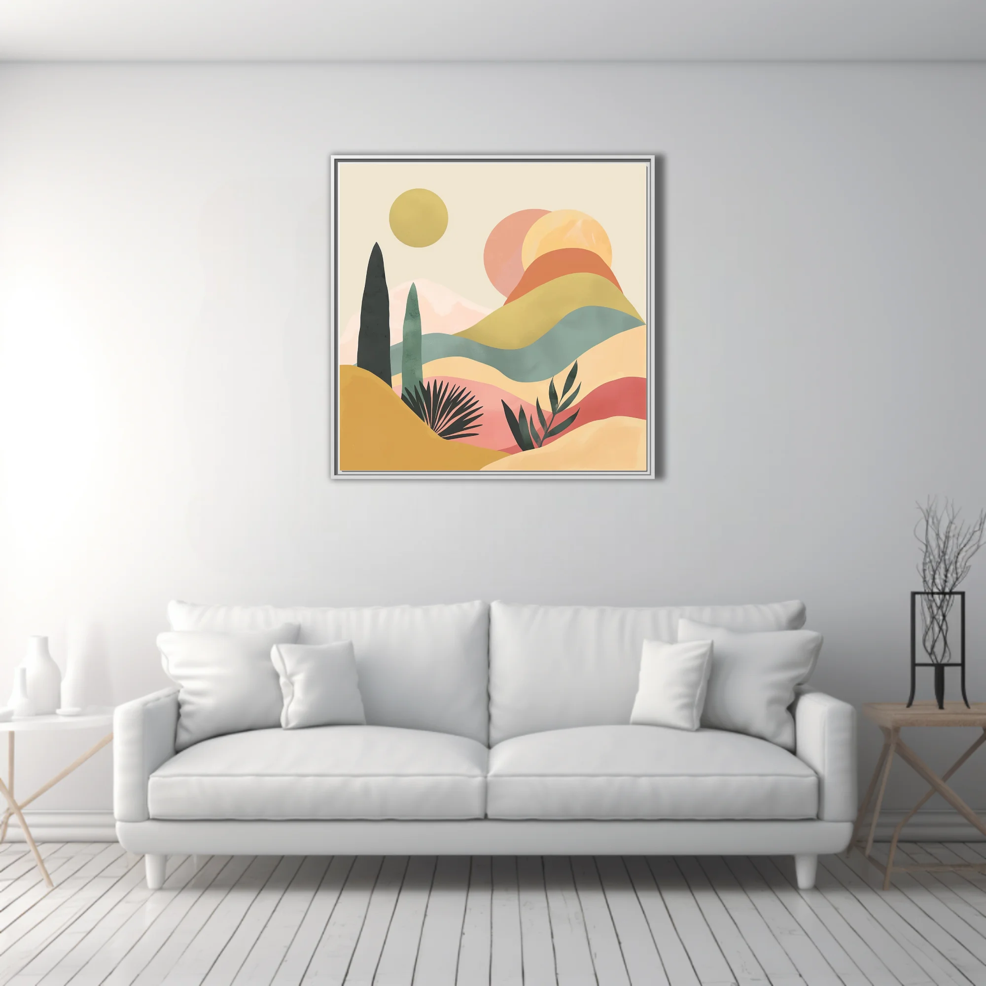 Boho abstract landscape with pastel desert tones, botanical silhouettes, and layered hills