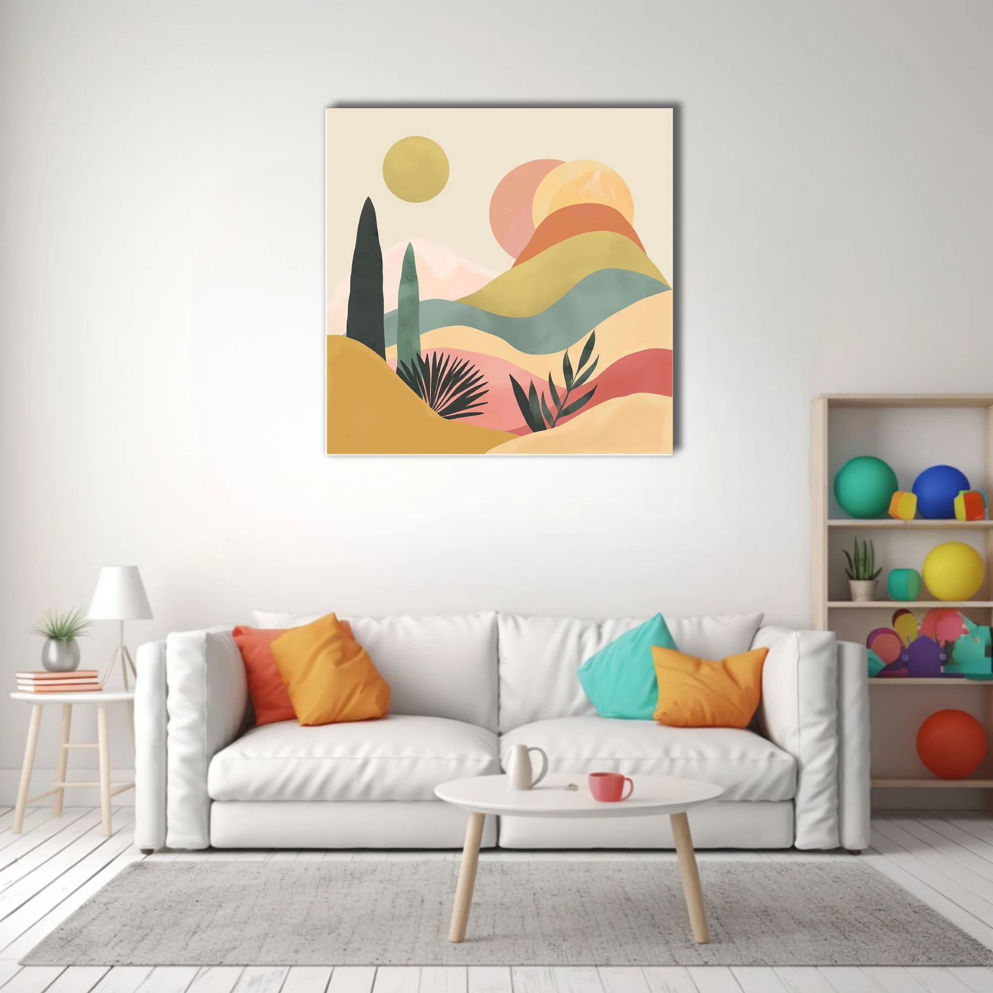 Boho abstract landscape with pastel desert tones, botanical silhouettes, and layered hills
