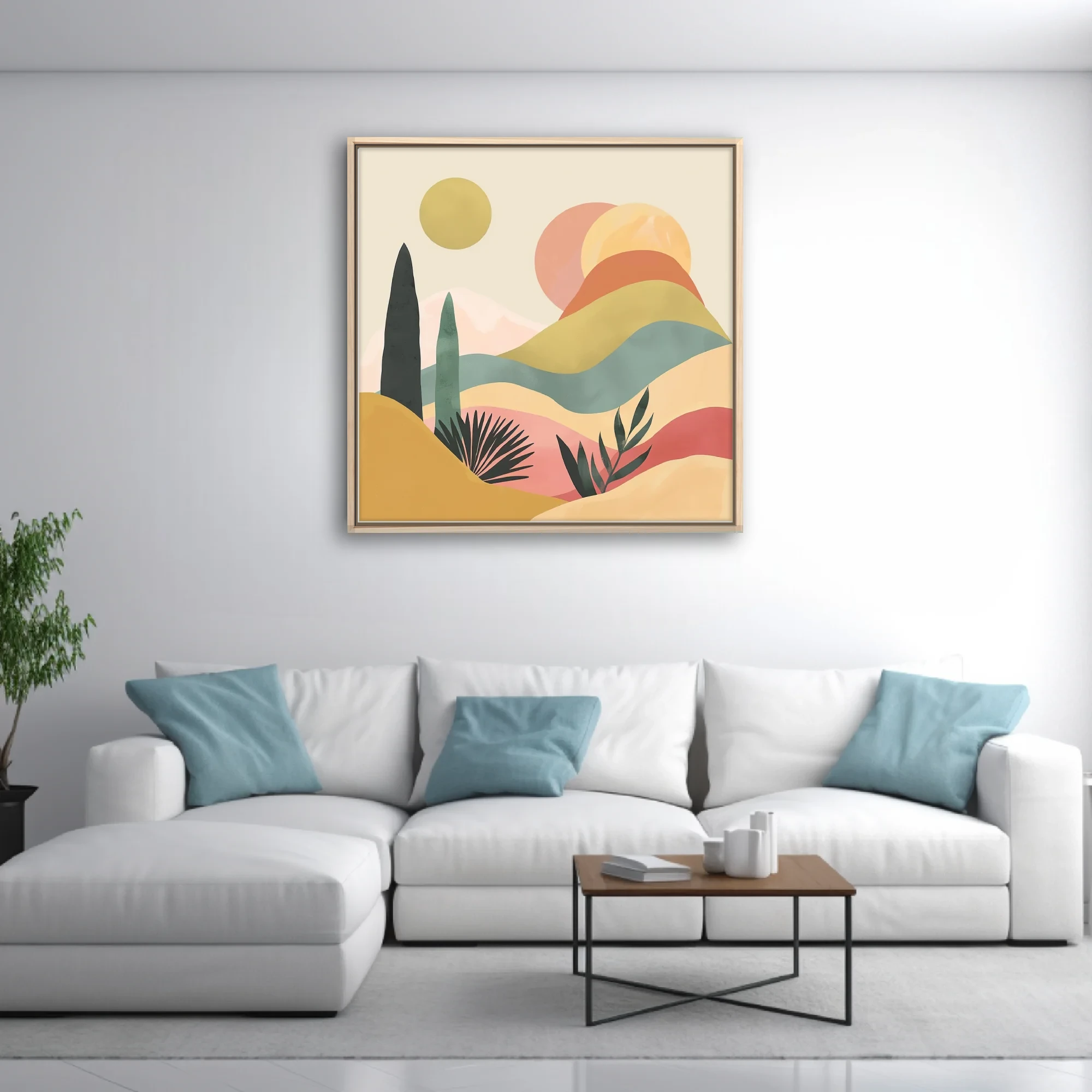Boho abstract landscape with pastel desert tones, botanical silhouettes, and layered hills
