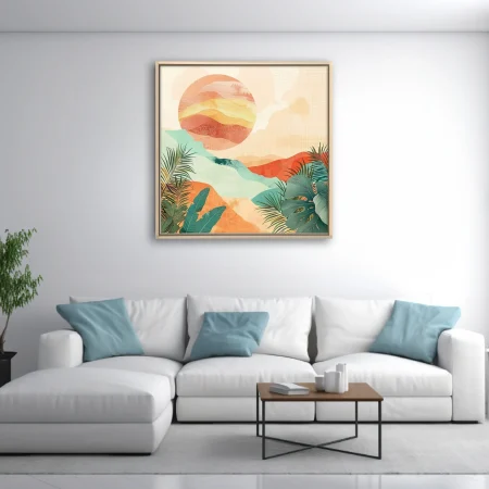 Boho abstract landscape with terracotta tones, teal washes, and tropical botanical motifs