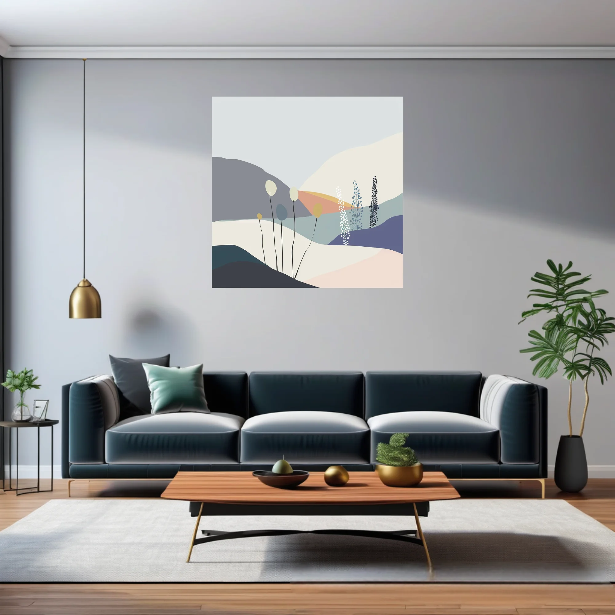 Minimalist abstract landscape with botanical motifs in soft pastel tones