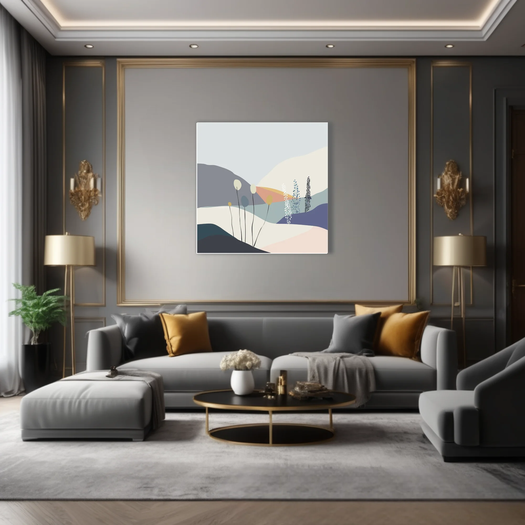 Minimalist abstract landscape with botanical motifs in soft pastel tones