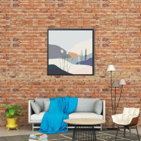 Minimalist abstract landscape with botanical motifs in soft pastel tones