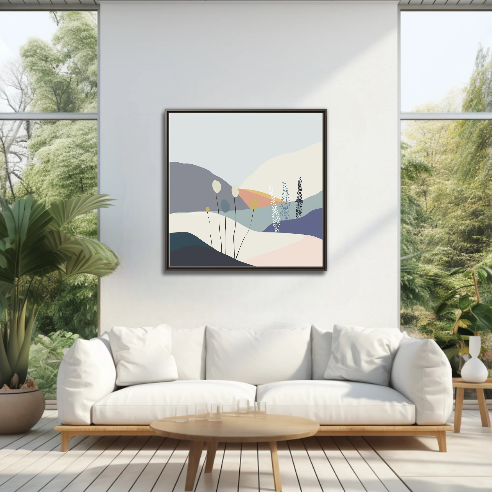 Minimalist abstract landscape with botanical motifs in soft pastel tones