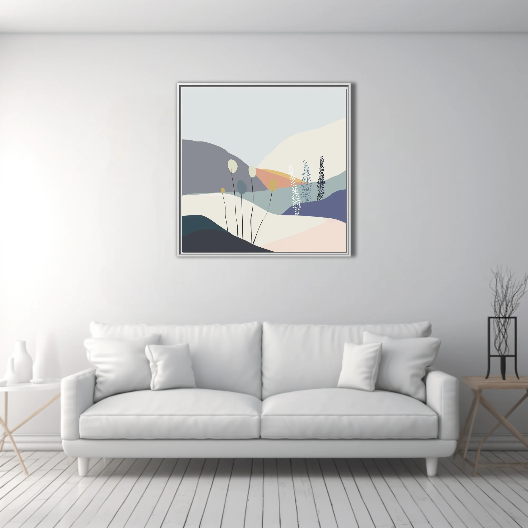 Minimalist abstract landscape with botanical motifs in soft pastel tones