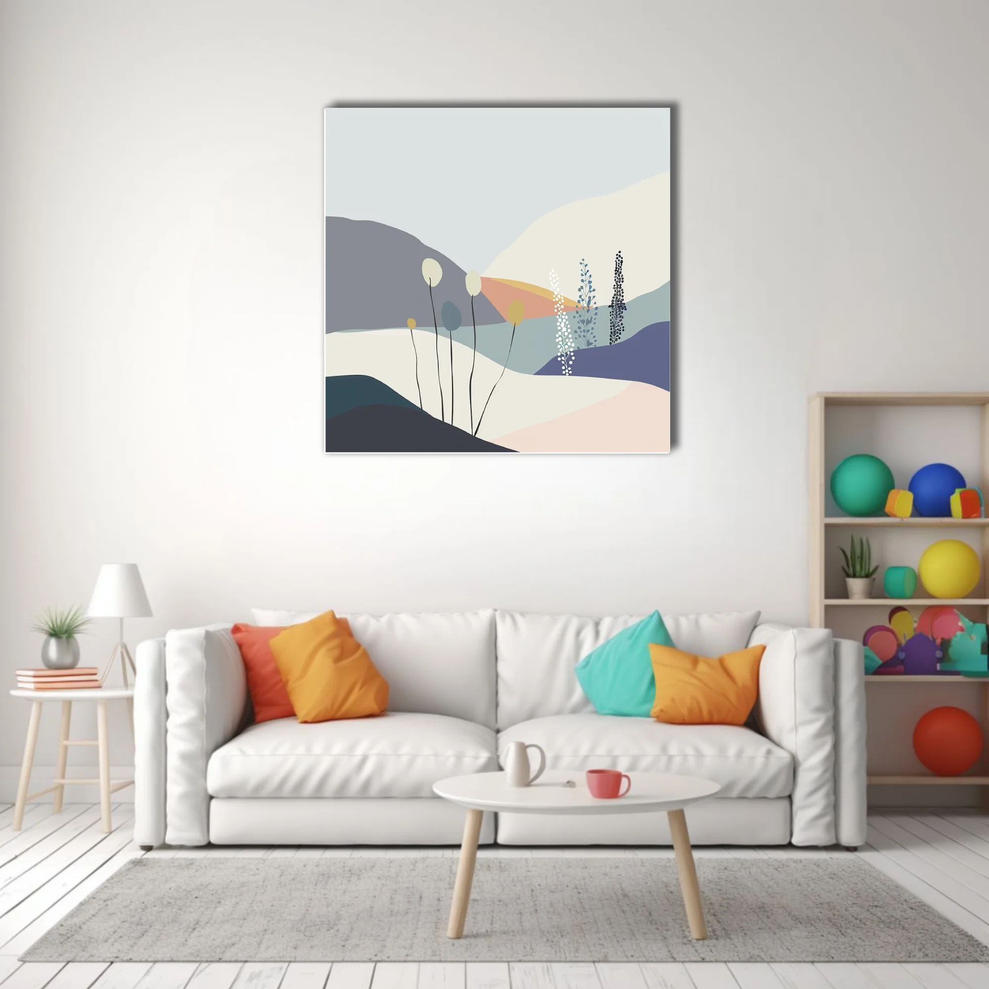Minimalist abstract landscape with botanical motifs in soft pastel tones