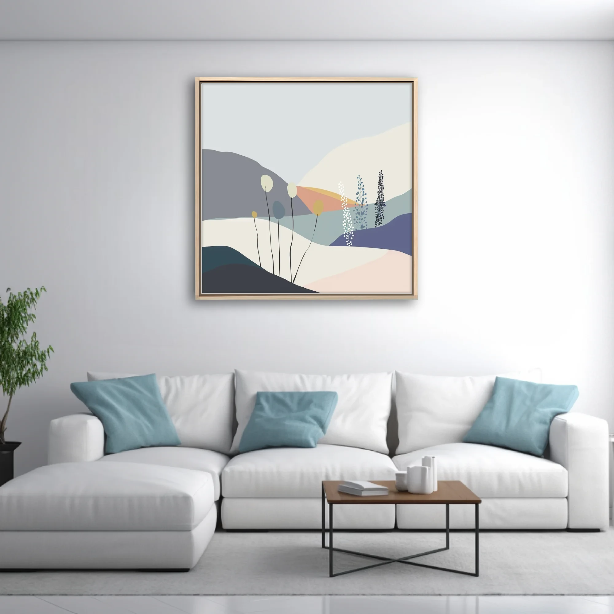 Minimalist abstract landscape with botanical motifs in soft pastel tones