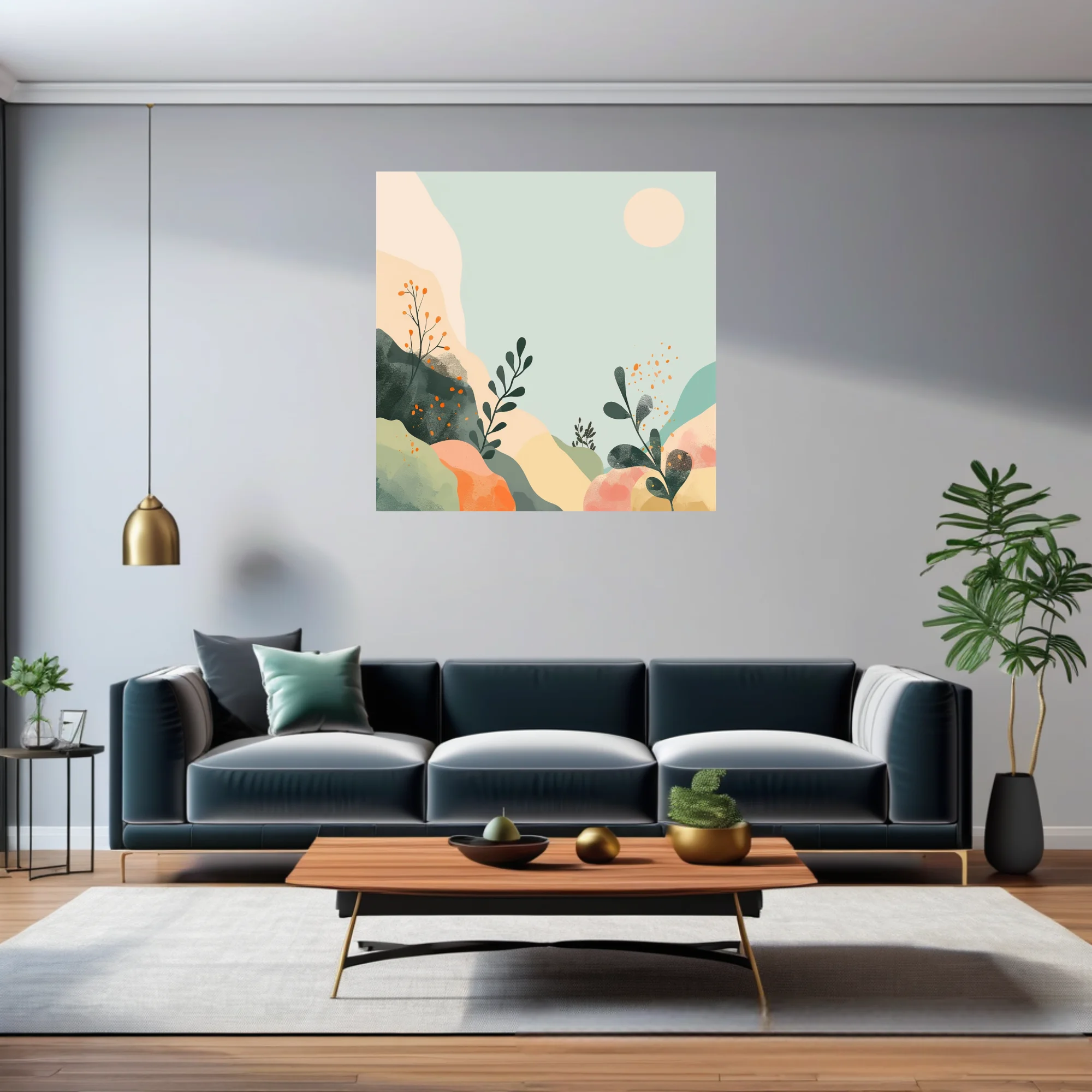 Boho abstract landscape with botanical motifs, sage, peach and terracotta tones