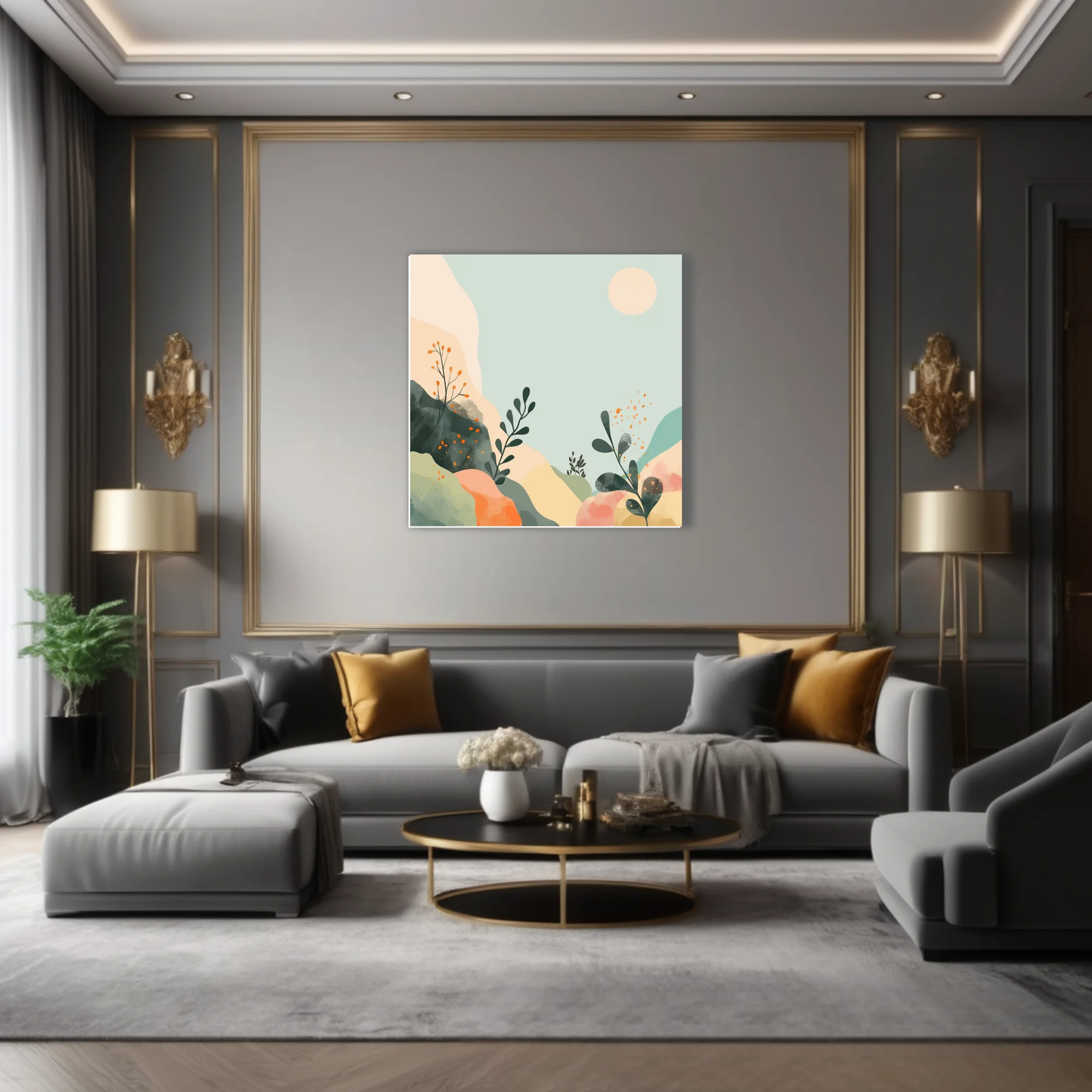 Boho abstract landscape with botanical motifs, sage, peach and terracotta tones