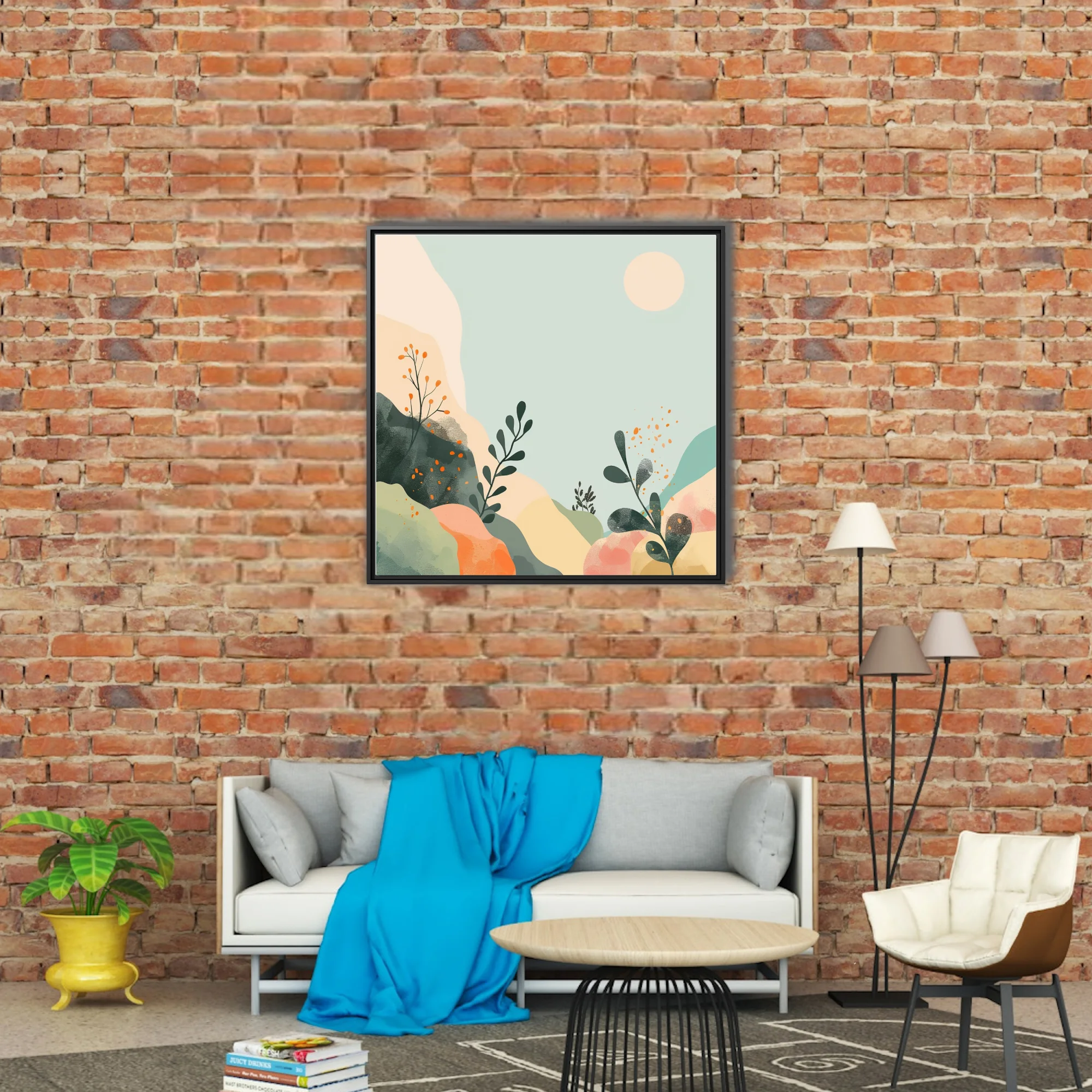 Boho abstract landscape with botanical motifs, sage, peach and terracotta tones