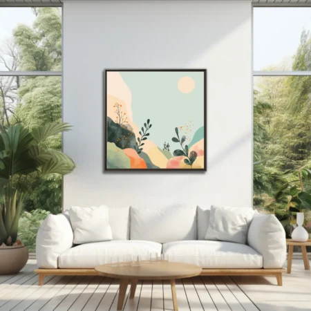 Boho abstract landscape with botanical motifs, sage, peach and terracotta tones