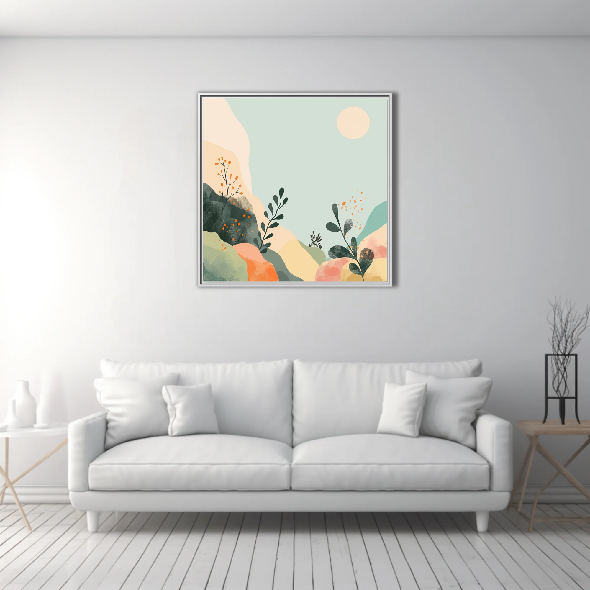 Boho abstract landscape with botanical motifs, sage, peach and terracotta tones
