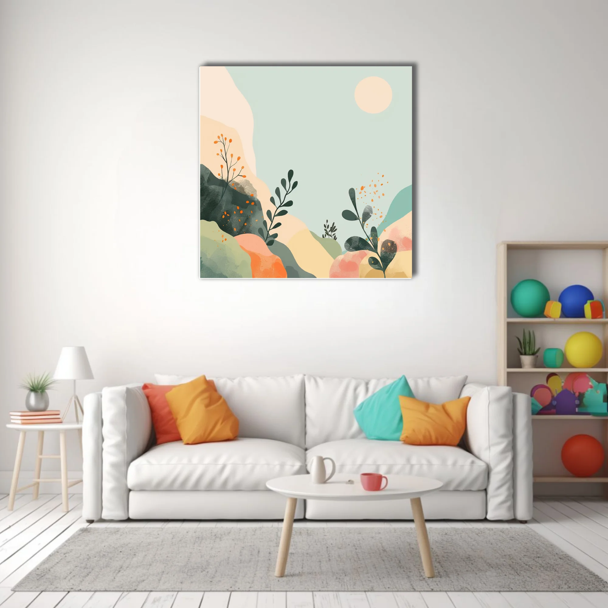 Boho abstract landscape with botanical motifs, sage, peach and terracotta tones