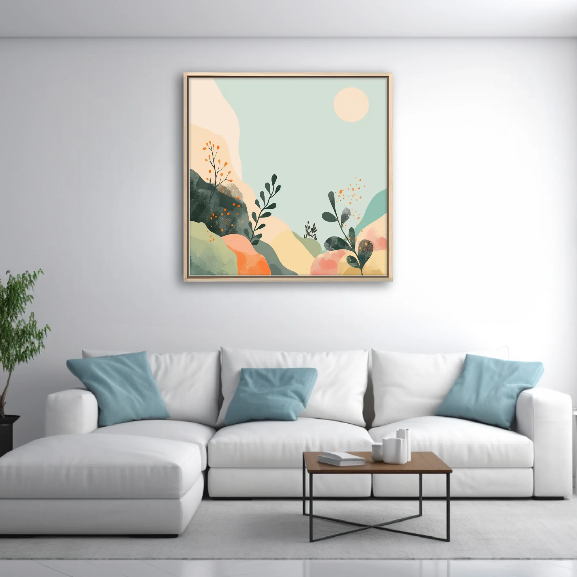 Boho abstract landscape with botanical motifs, sage, peach and terracotta tones