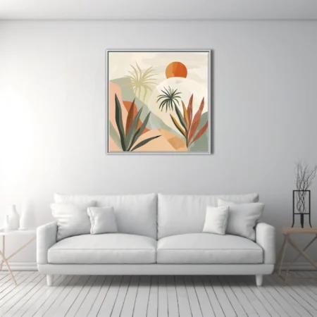 Boho abstract desert landscape with botanical motifs, terracotta sun, sage and blush palette