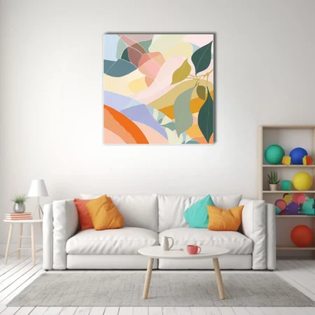 Boho abstract landscape with pastel shapes and botanical leaf motifs in sage and blush