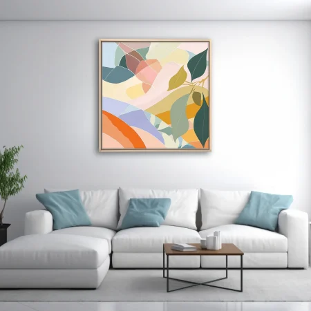 Boho abstract landscape with pastel shapes and botanical leaf motifs in sage and blush