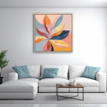 Abstract floral mid-century modern art, layered petals in coral, amber, navy and dusty blue