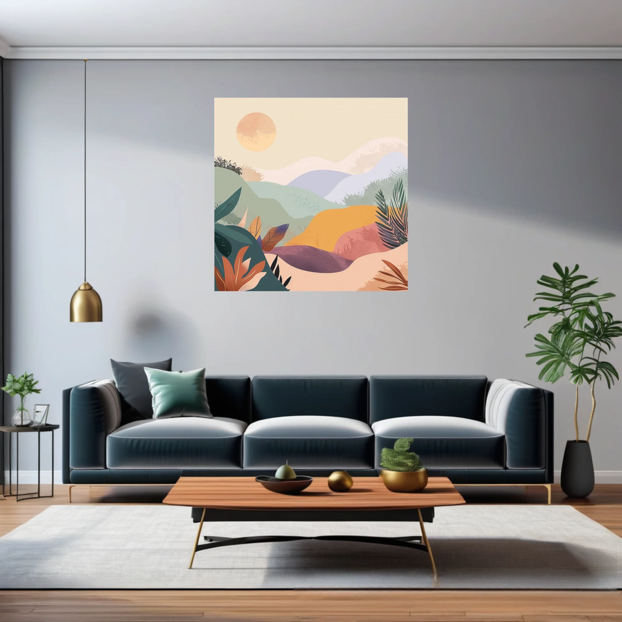 Boho abstract landscape with pastel hills, botanical motifs, and warm luminous orb