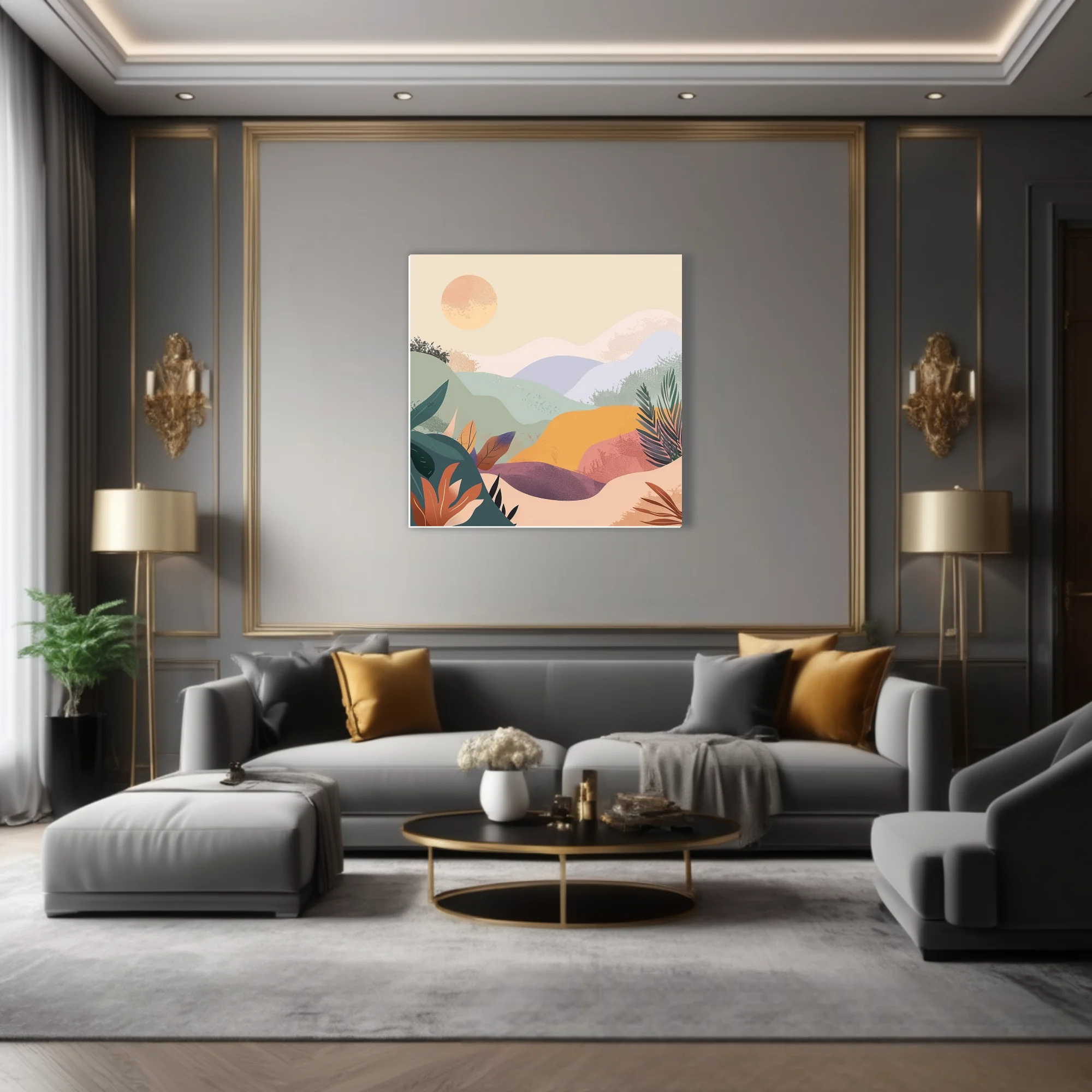 Boho abstract landscape with pastel hills, botanical motifs, and warm luminous orb