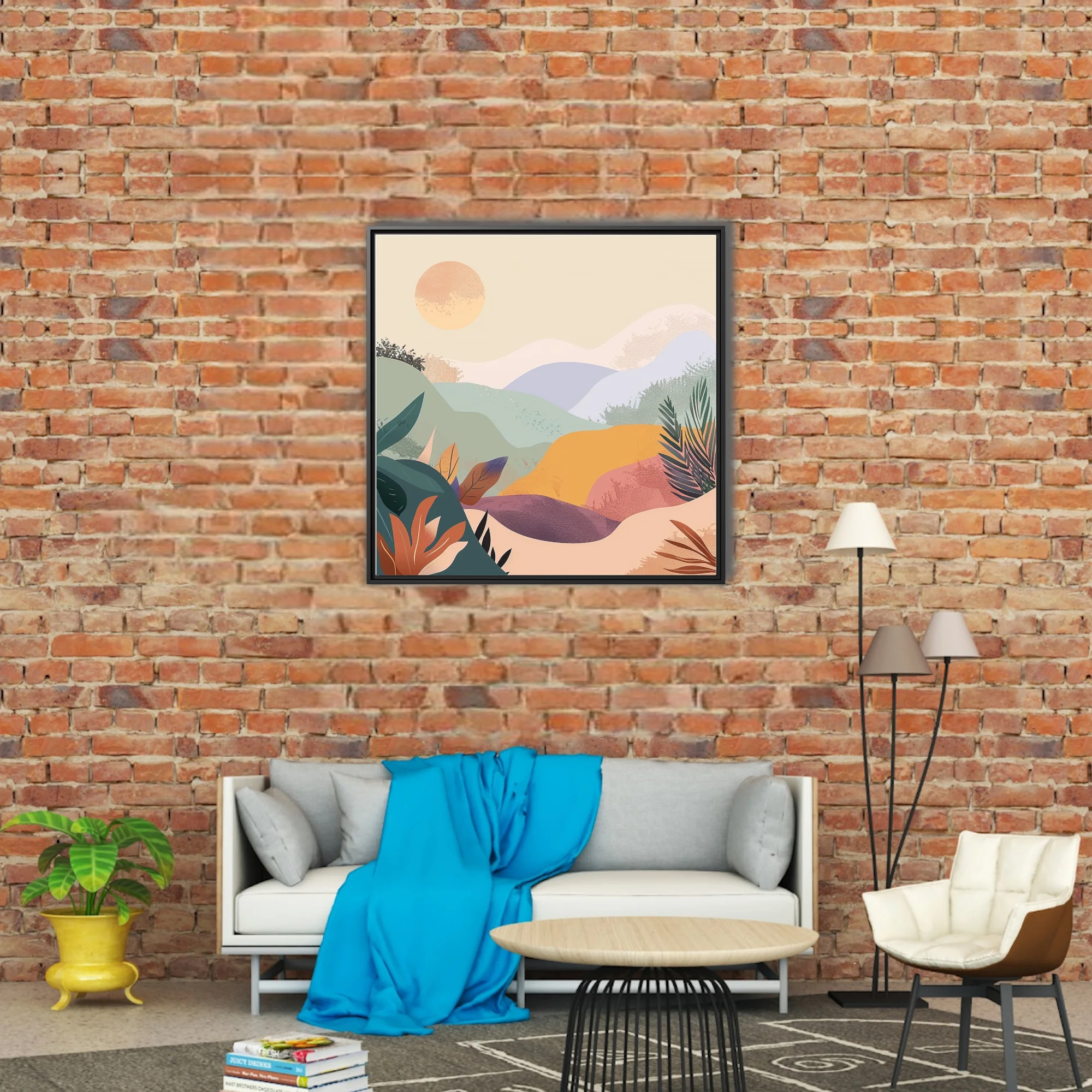 Boho abstract landscape with pastel hills, botanical motifs, and warm luminous orb