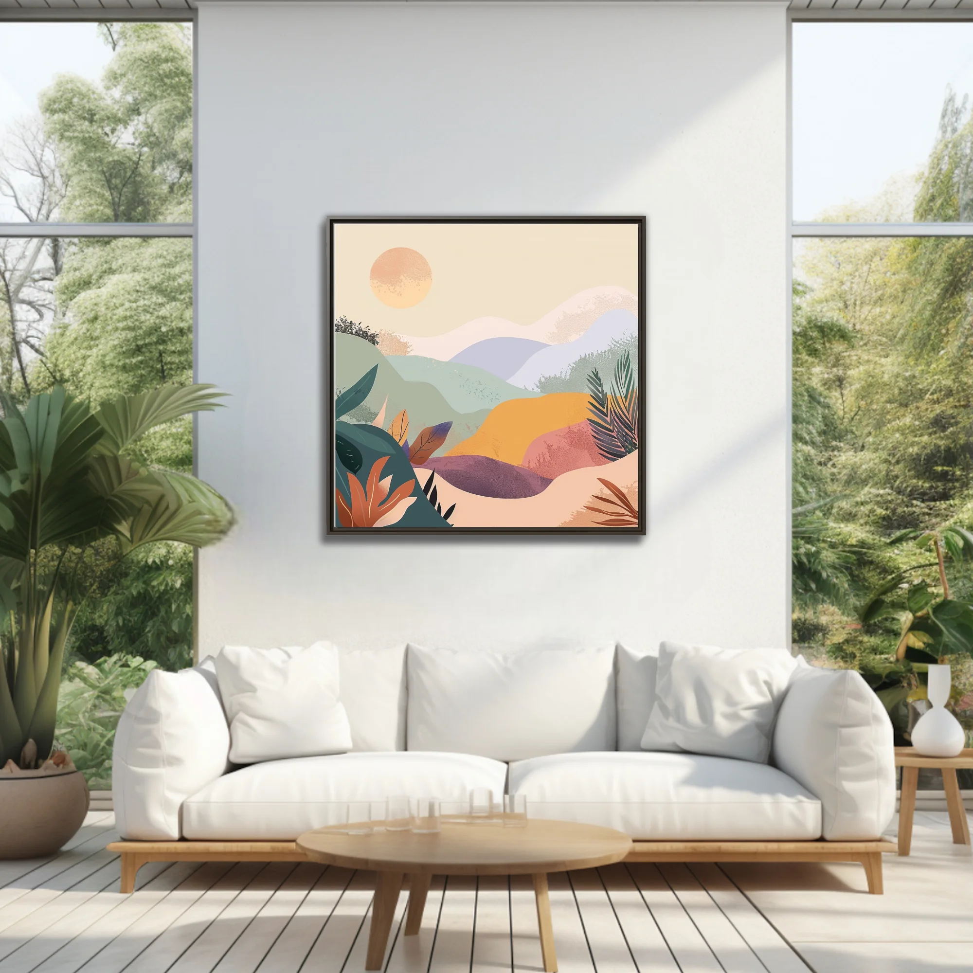 Boho abstract landscape with pastel hills, botanical motifs, and warm luminous orb