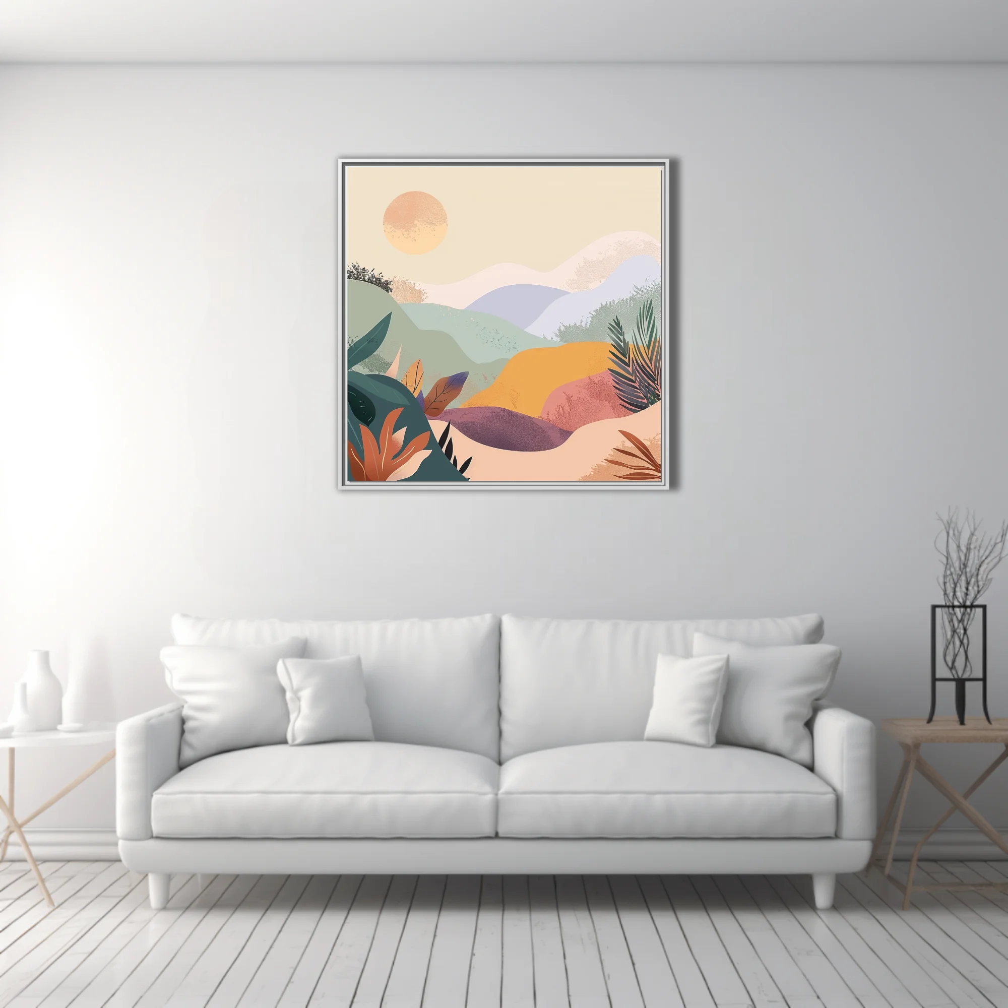 Boho abstract landscape with pastel hills, botanical motifs, and warm luminous orb