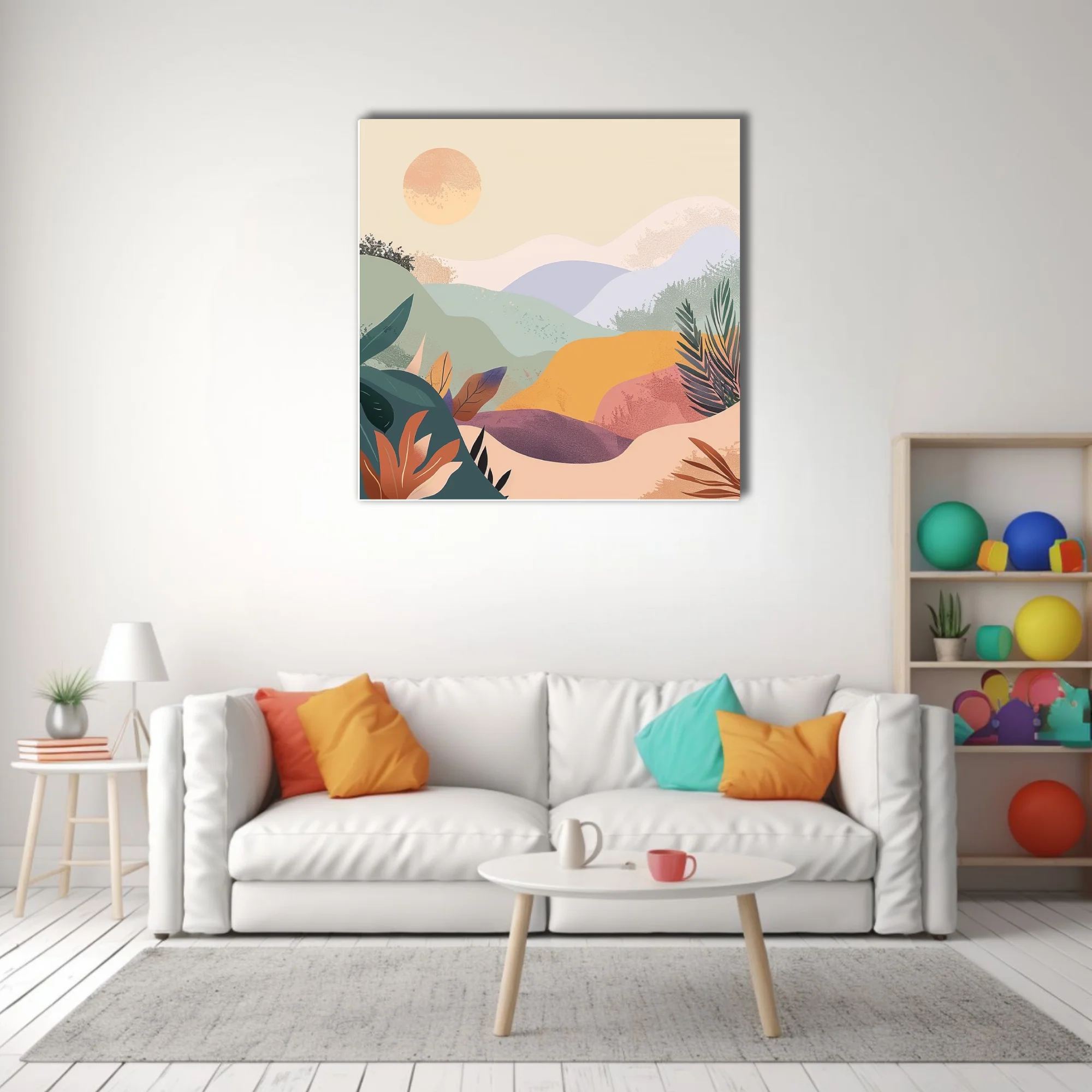 Boho abstract landscape with pastel hills, botanical motifs, and warm luminous orb